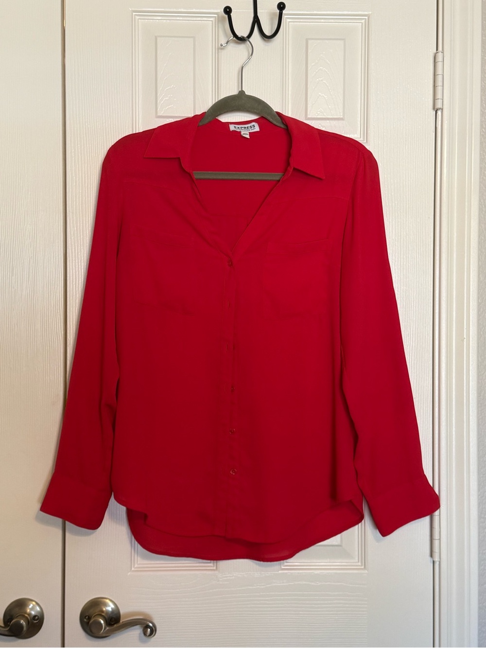 Express Women's Bright Red Long-Sleeve Button-Down Shirt